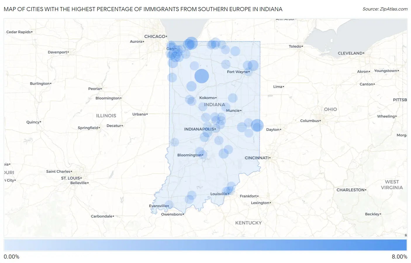 Cities with the Highest Percentage of Immigrants from Southern Europe in Indiana Map