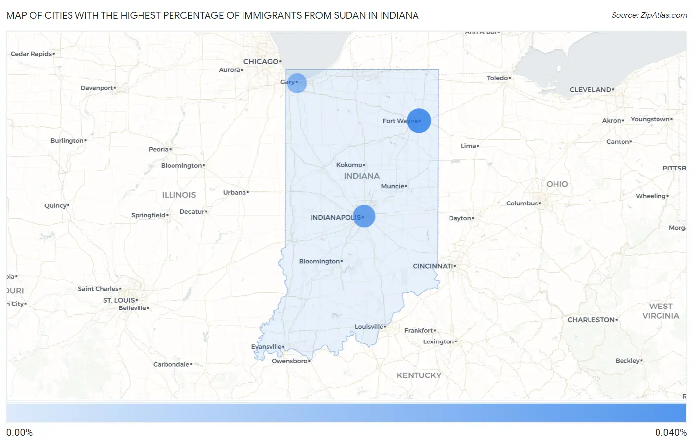 Cities with the Highest Percentage of Immigrants from Sudan in Indiana Map