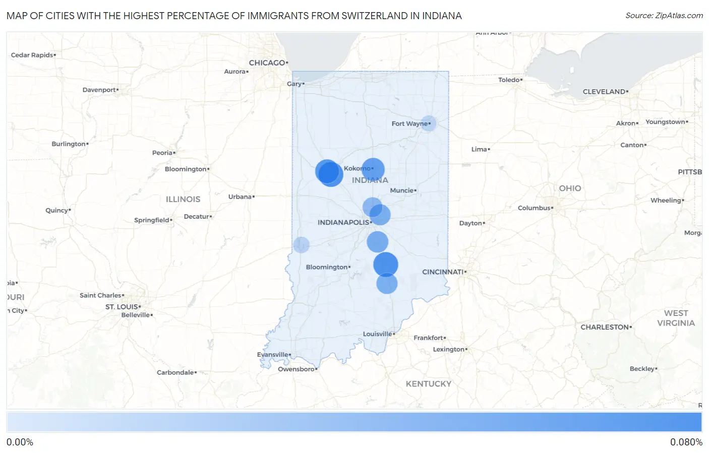 Cities with the Highest Percentage of Immigrants from Switzerland in Indiana Map