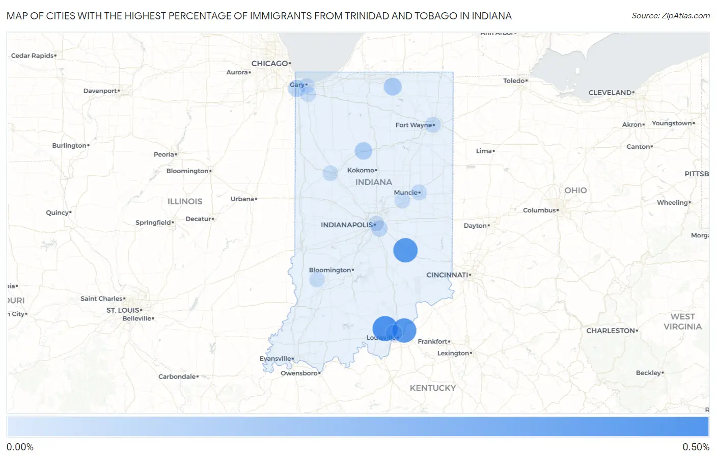 Cities with the Highest Percentage of Immigrants from Trinidad and Tobago in Indiana Map