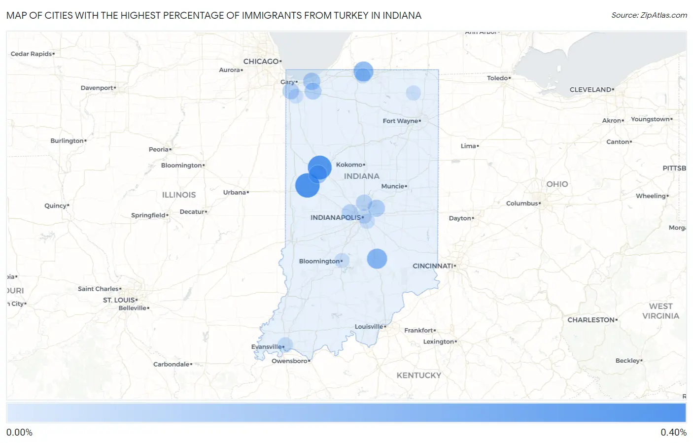 Cities with the Highest Percentage of Immigrants from Turkey in Indiana Map
