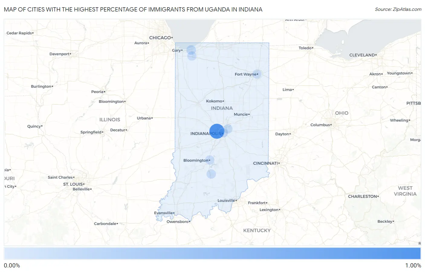 Cities with the Highest Percentage of Immigrants from Uganda in Indiana Map
