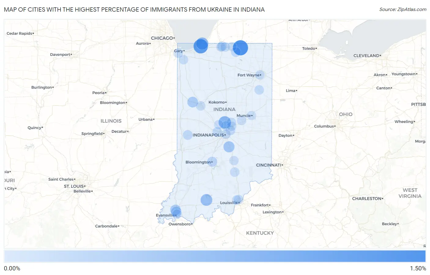Cities with the Highest Percentage of Immigrants from Ukraine in Indiana Map