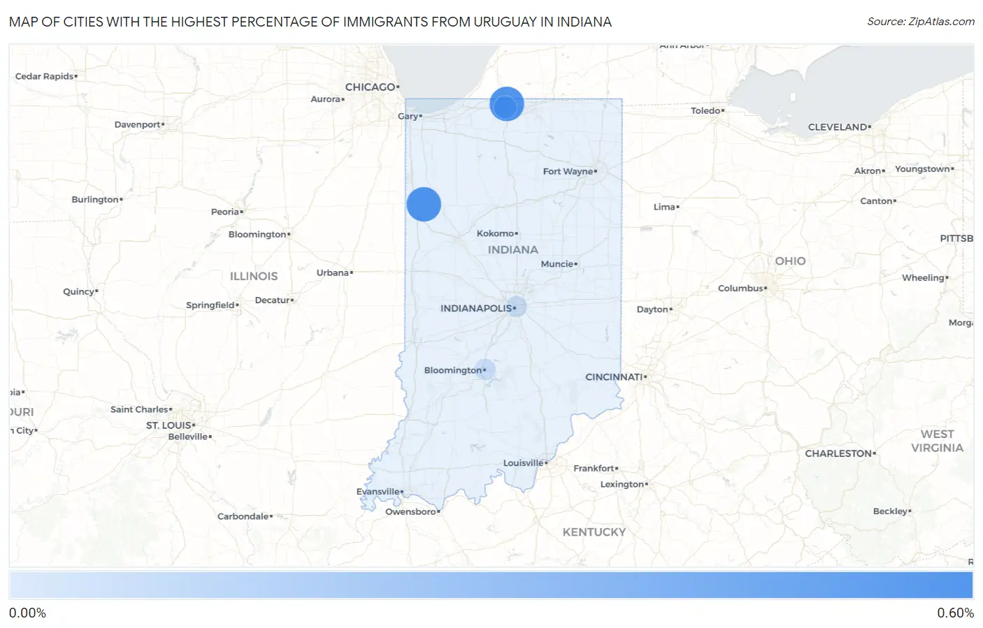 Cities with the Highest Percentage of Immigrants from Uruguay in Indiana Map