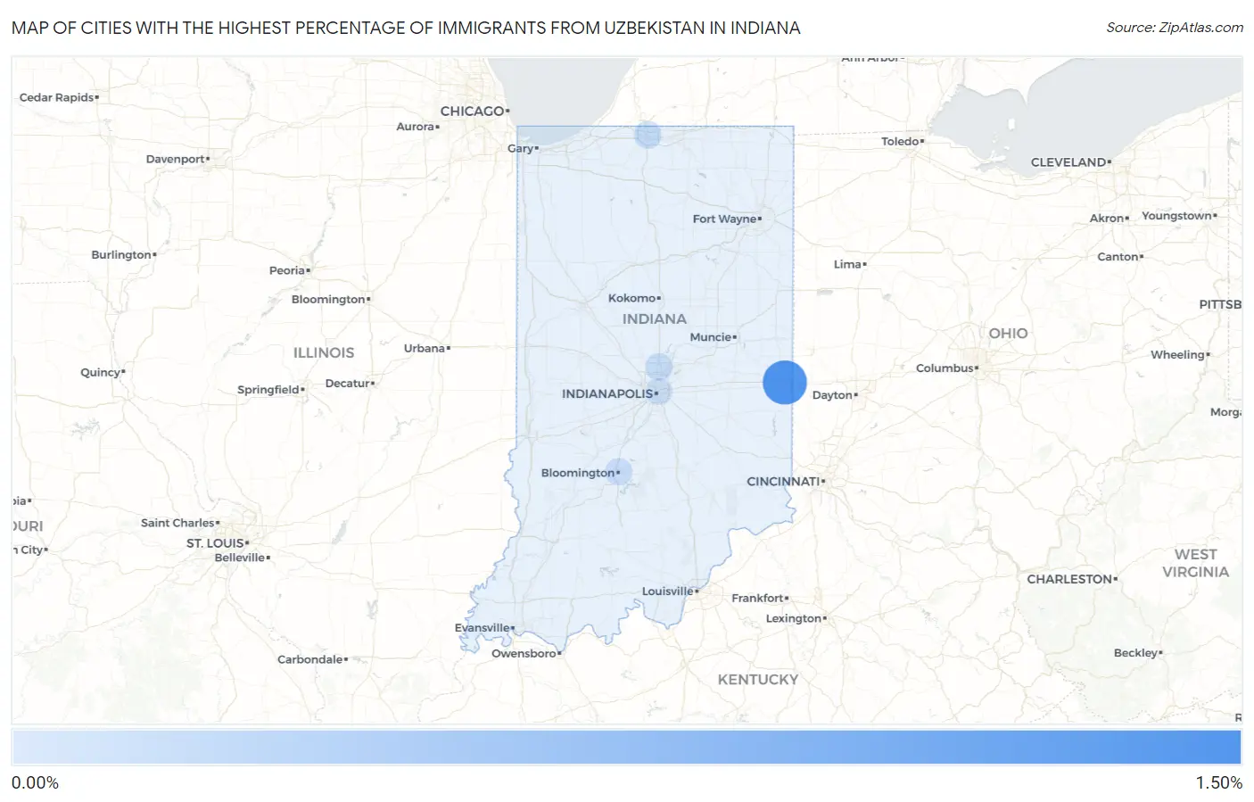 Cities with the Highest Percentage of Immigrants from Uzbekistan in Indiana Map