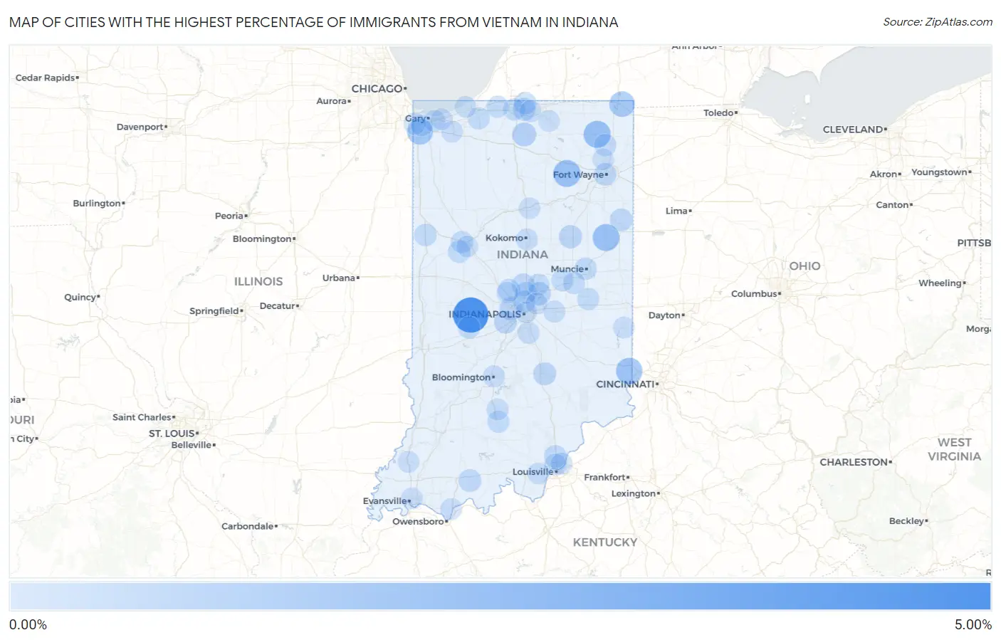 Cities with the Highest Percentage of Immigrants from Vietnam in Indiana Map