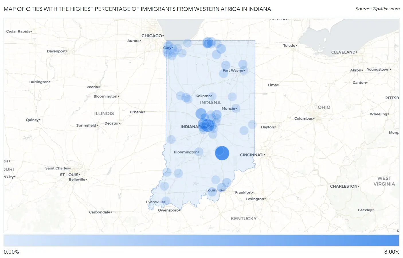 Cities with the Highest Percentage of Immigrants from Western Africa in Indiana Map