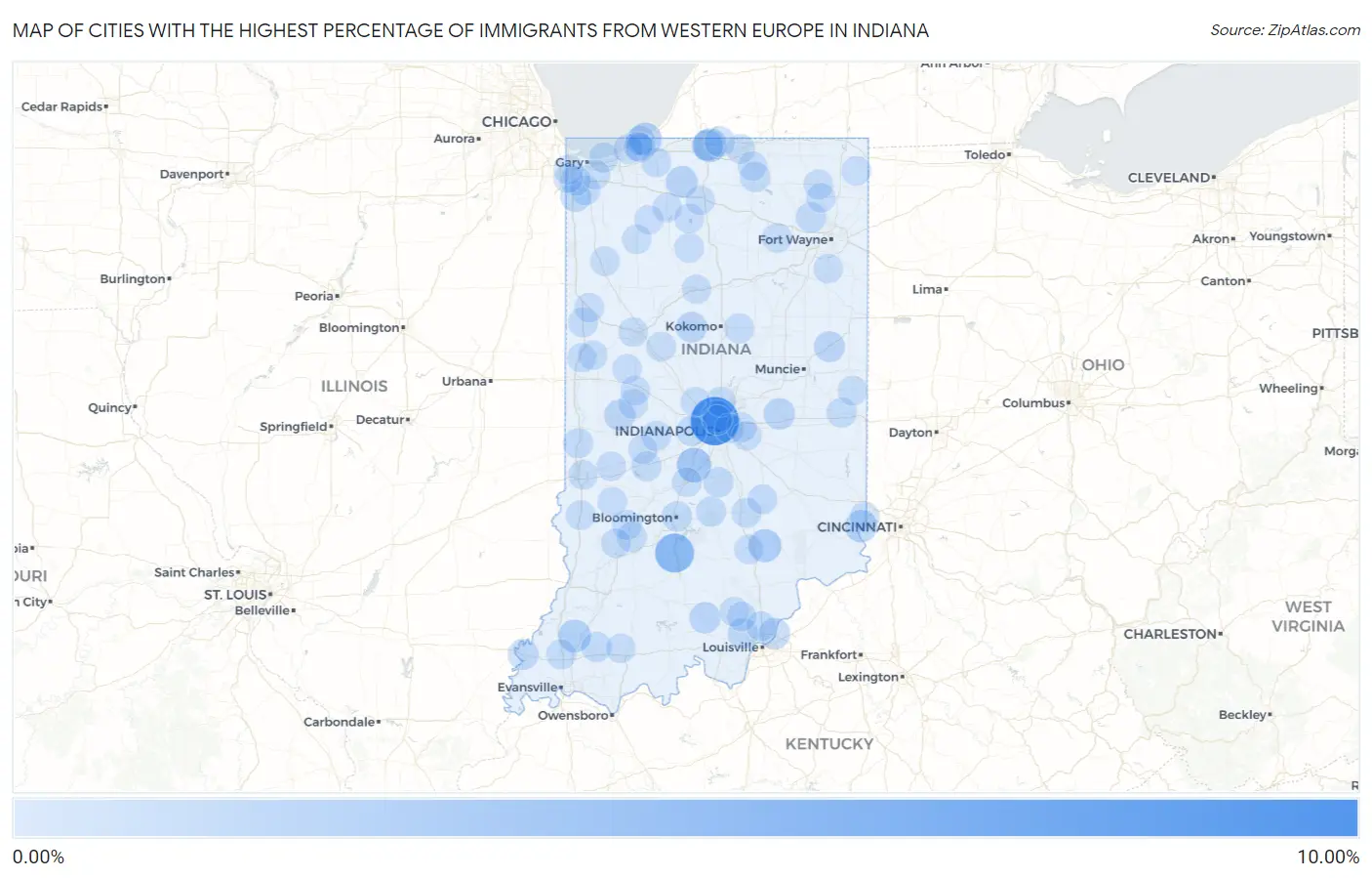 Cities with the Highest Percentage of Immigrants from Western Europe in Indiana Map