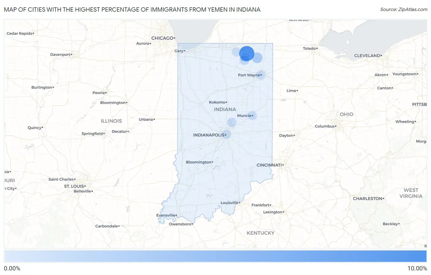 Cities with the Highest Percentage of Immigrants from Yemen in Indiana Map
