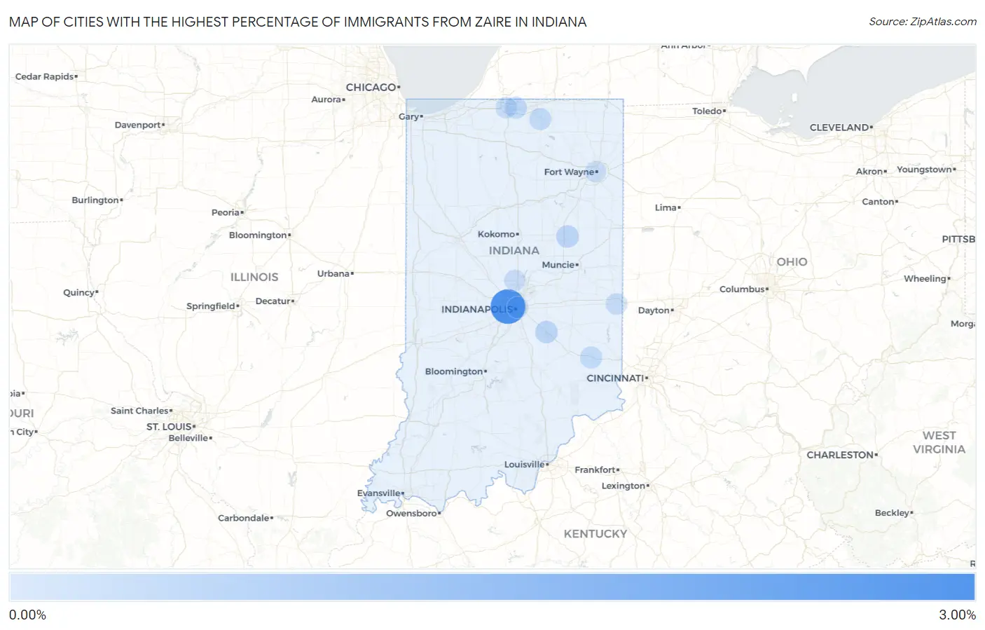 Cities with the Highest Percentage of Immigrants from Zaire in Indiana Map