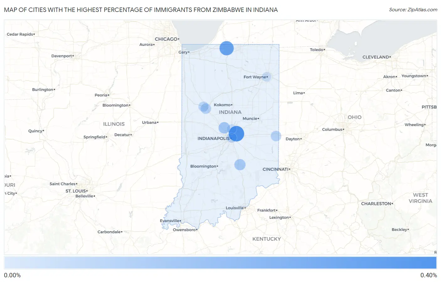 Cities with the Highest Percentage of Immigrants from Zimbabwe in Indiana Map