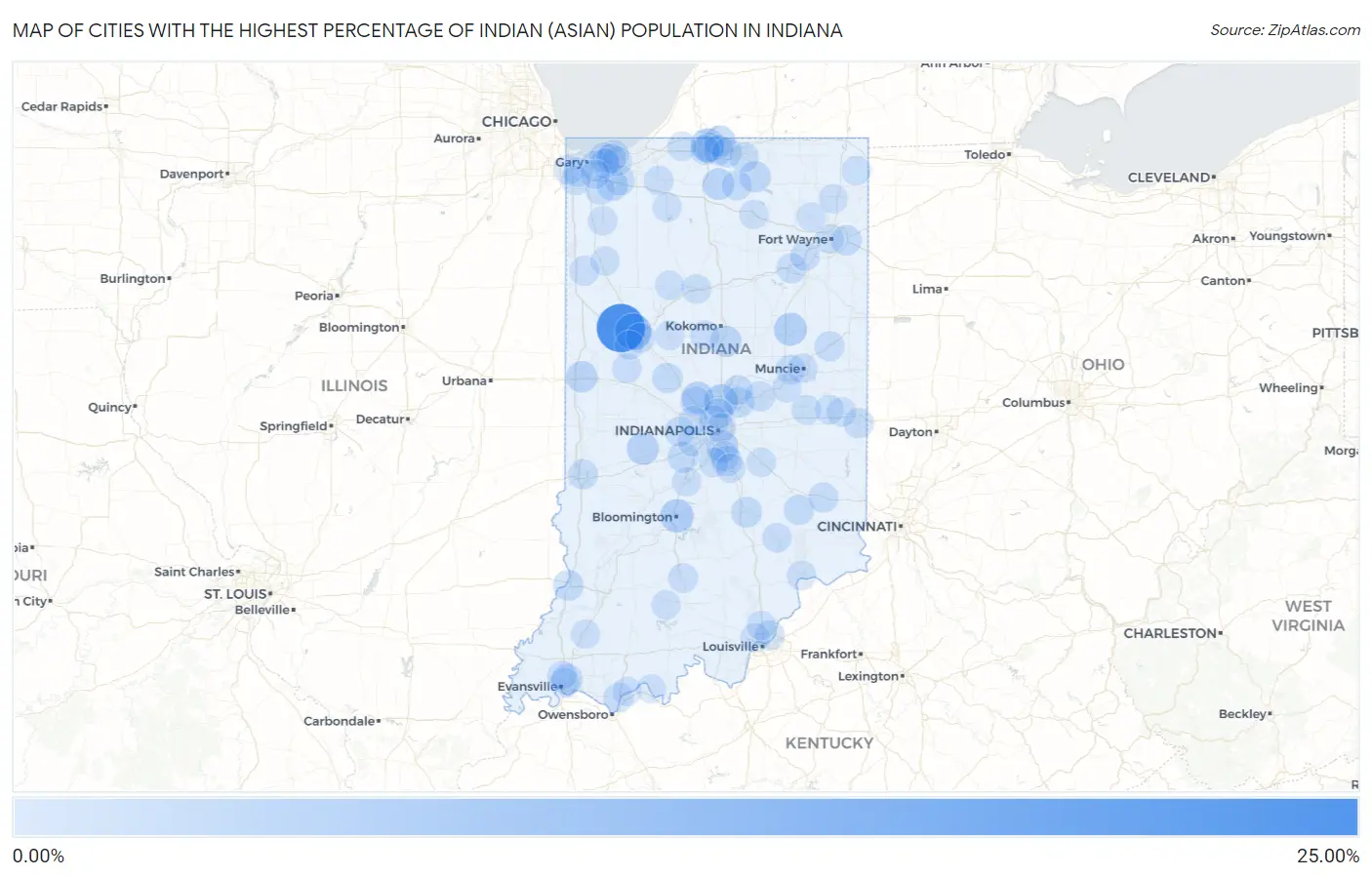 Cities with the Highest Percentage of Indian (Asian) Population in Indiana Map