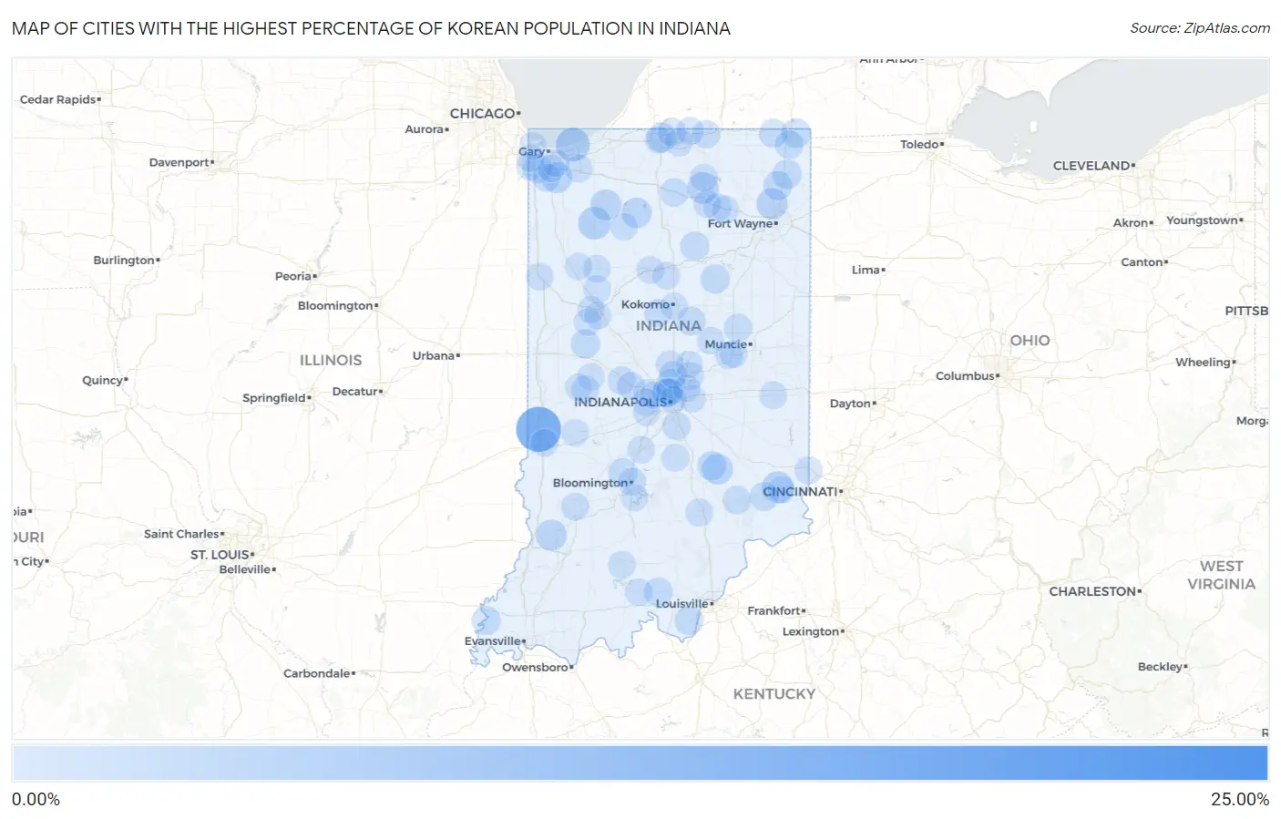 Cities with the Highest Percentage of Korean Population in Indiana Map