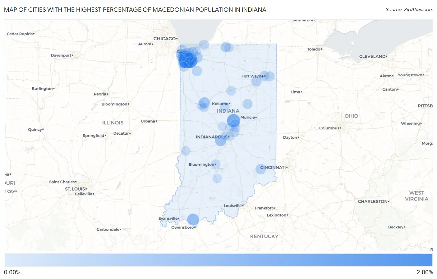 Cities with the Highest Percentage of Macedonian Population in Indiana Map