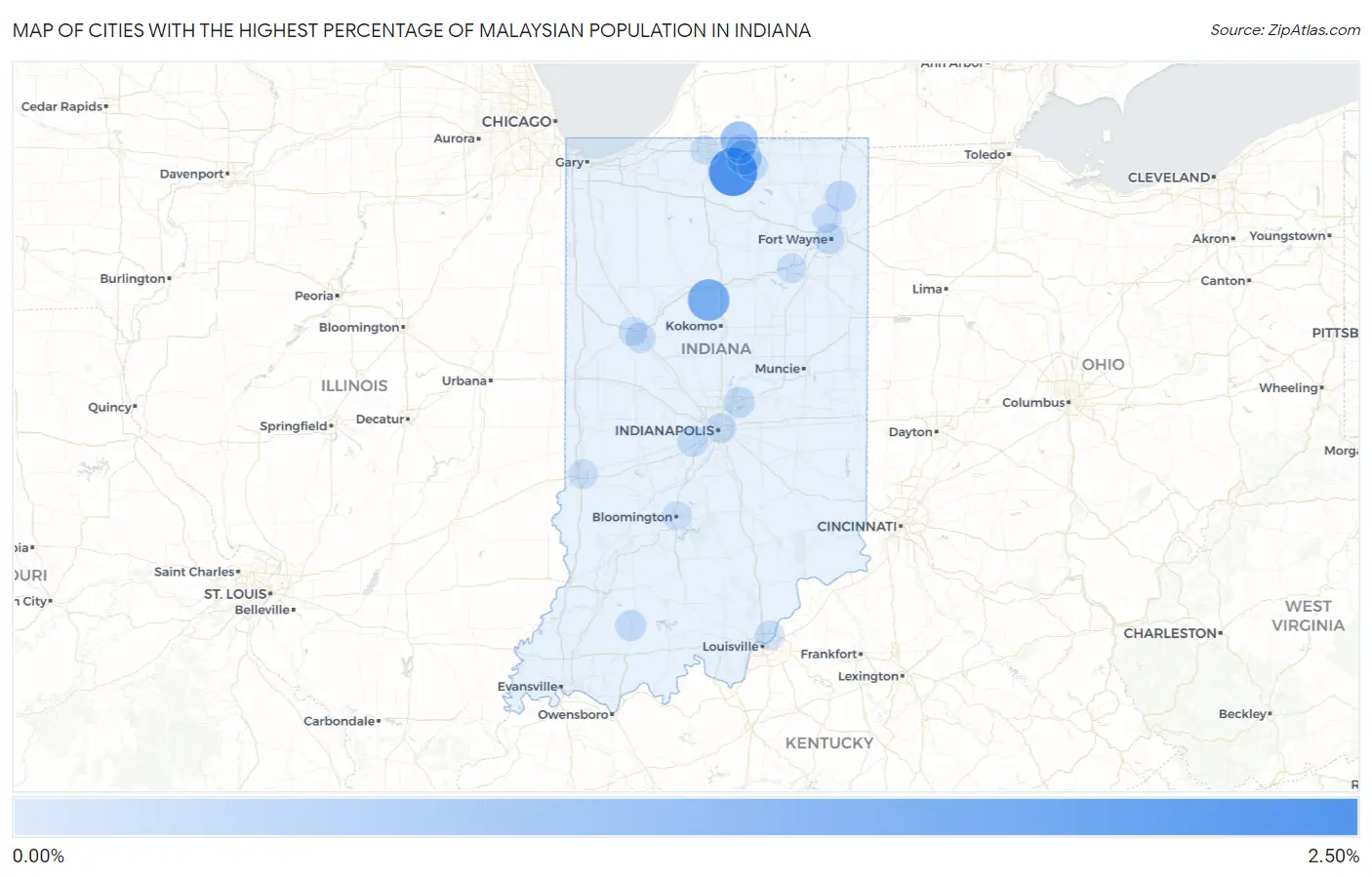 Cities with the Highest Percentage of Malaysian Population in Indiana Map