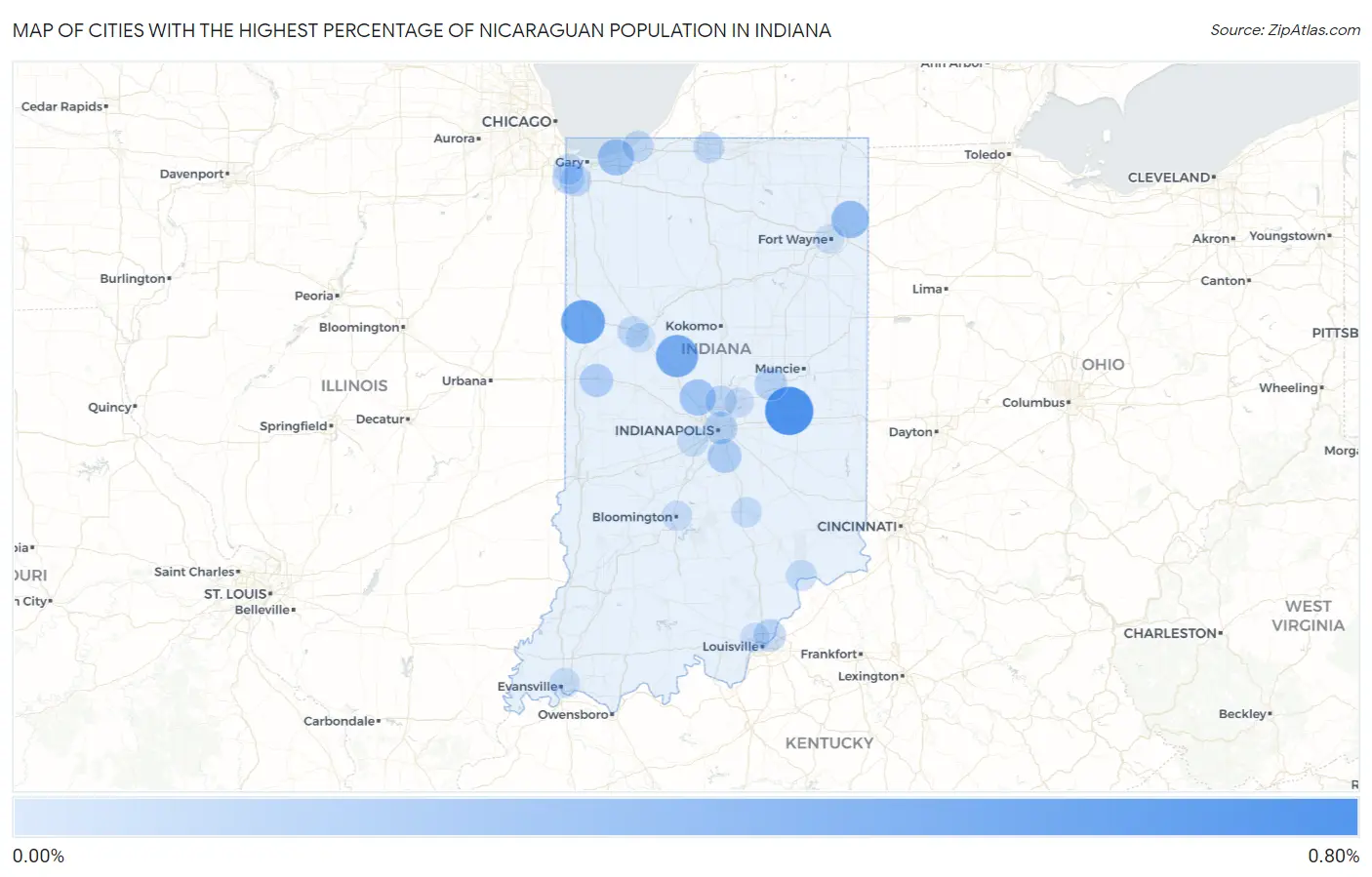 Cities with the Highest Percentage of Nicaraguan Population in Indiana Map