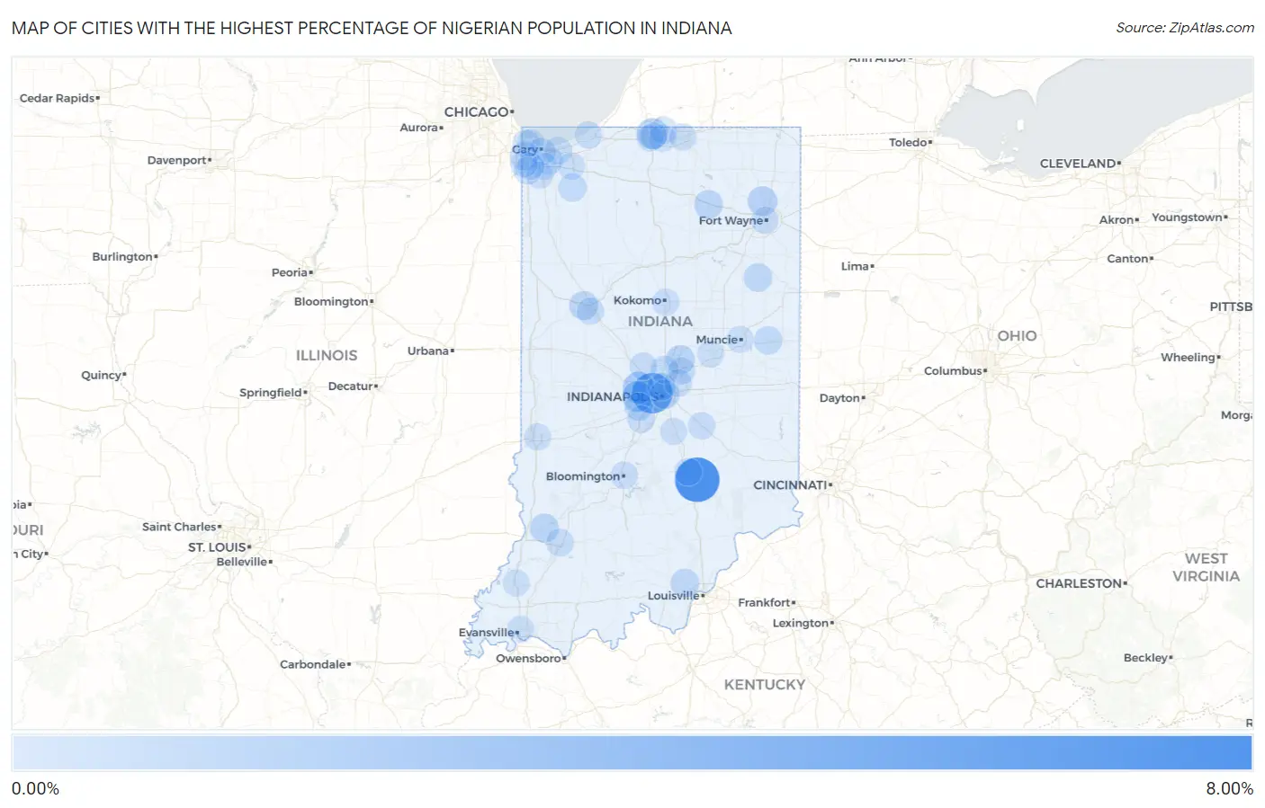 Cities with the Highest Percentage of Nigerian Population in Indiana Map