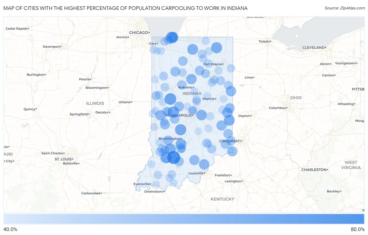 Cities with the Highest Percentage of Population Carpooling to Work in Indiana Map