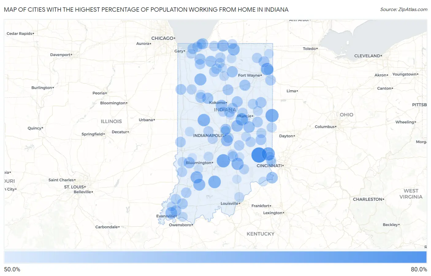 Cities with the Highest Percentage of Population Working from Home in Indiana Map
