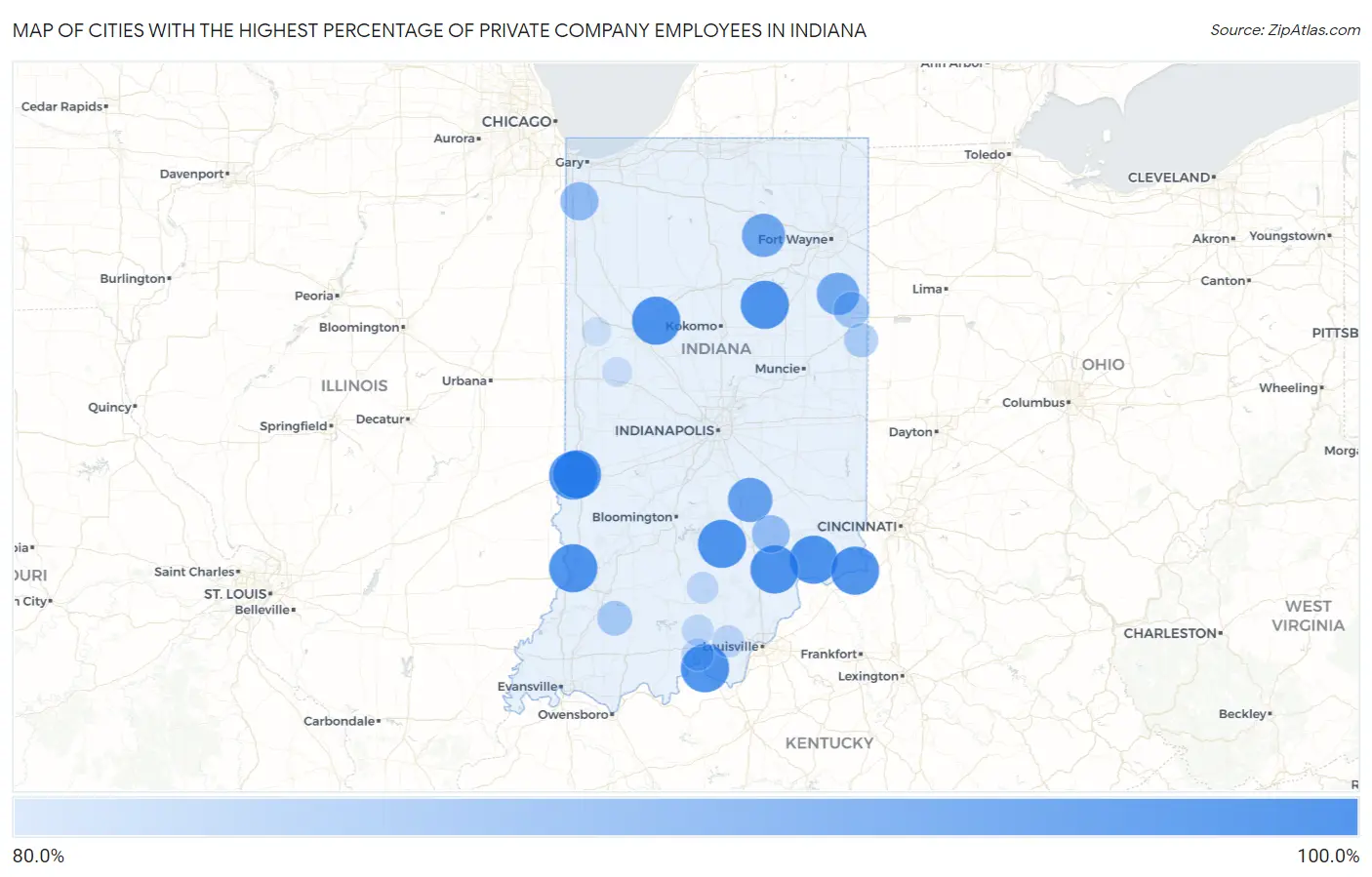 Cities with the Highest Percentage of Private Company Employees in Indiana Map