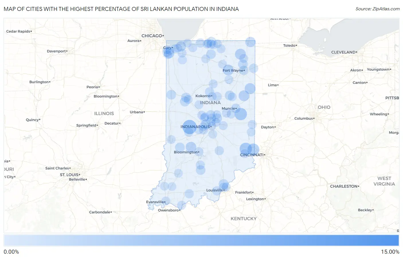 Cities with the Highest Percentage of Sri Lankan Population in Indiana Map