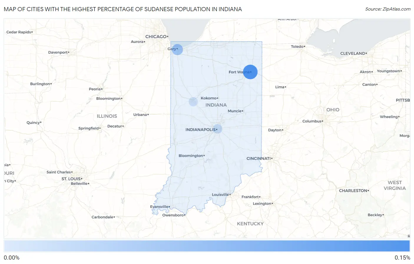 Cities with the Highest Percentage of Sudanese Population in Indiana Map