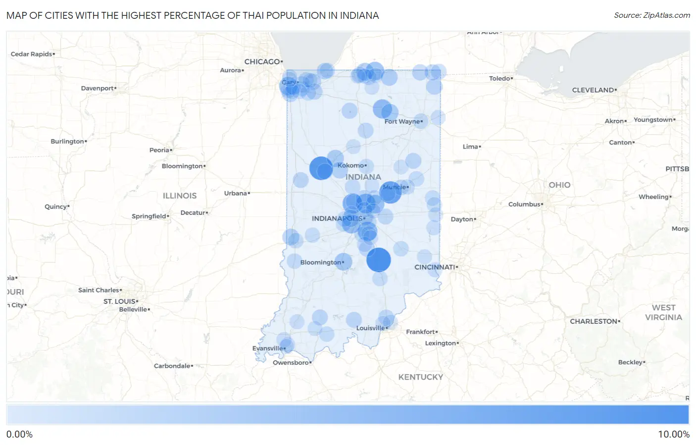 Cities with the Highest Percentage of Thai Population in Indiana Map