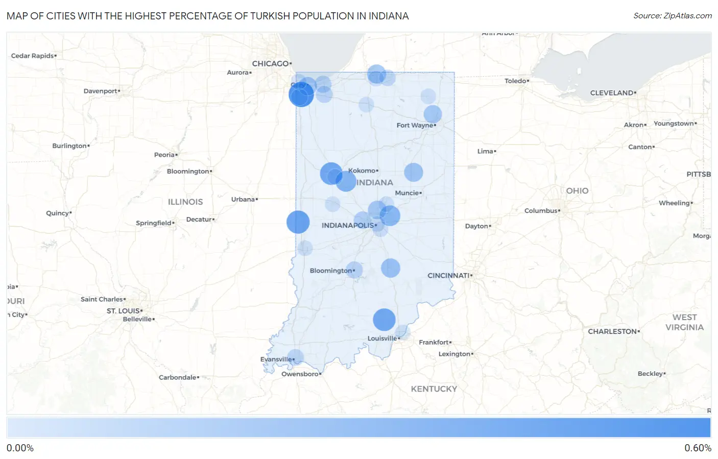 Cities with the Highest Percentage of Turkish Population in Indiana Map