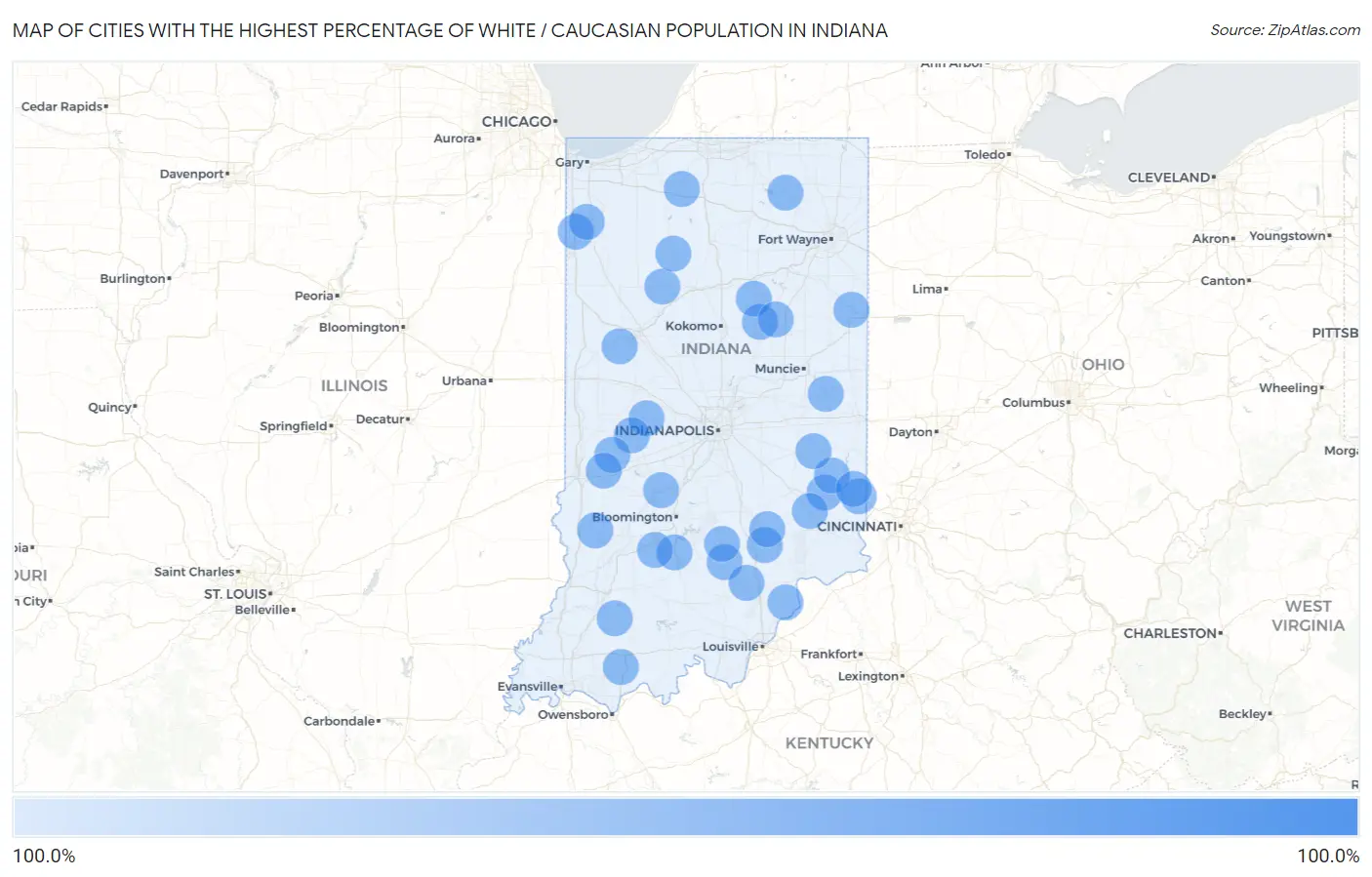 Cities with the Highest Percentage of White / Caucasian Population in Indiana Map