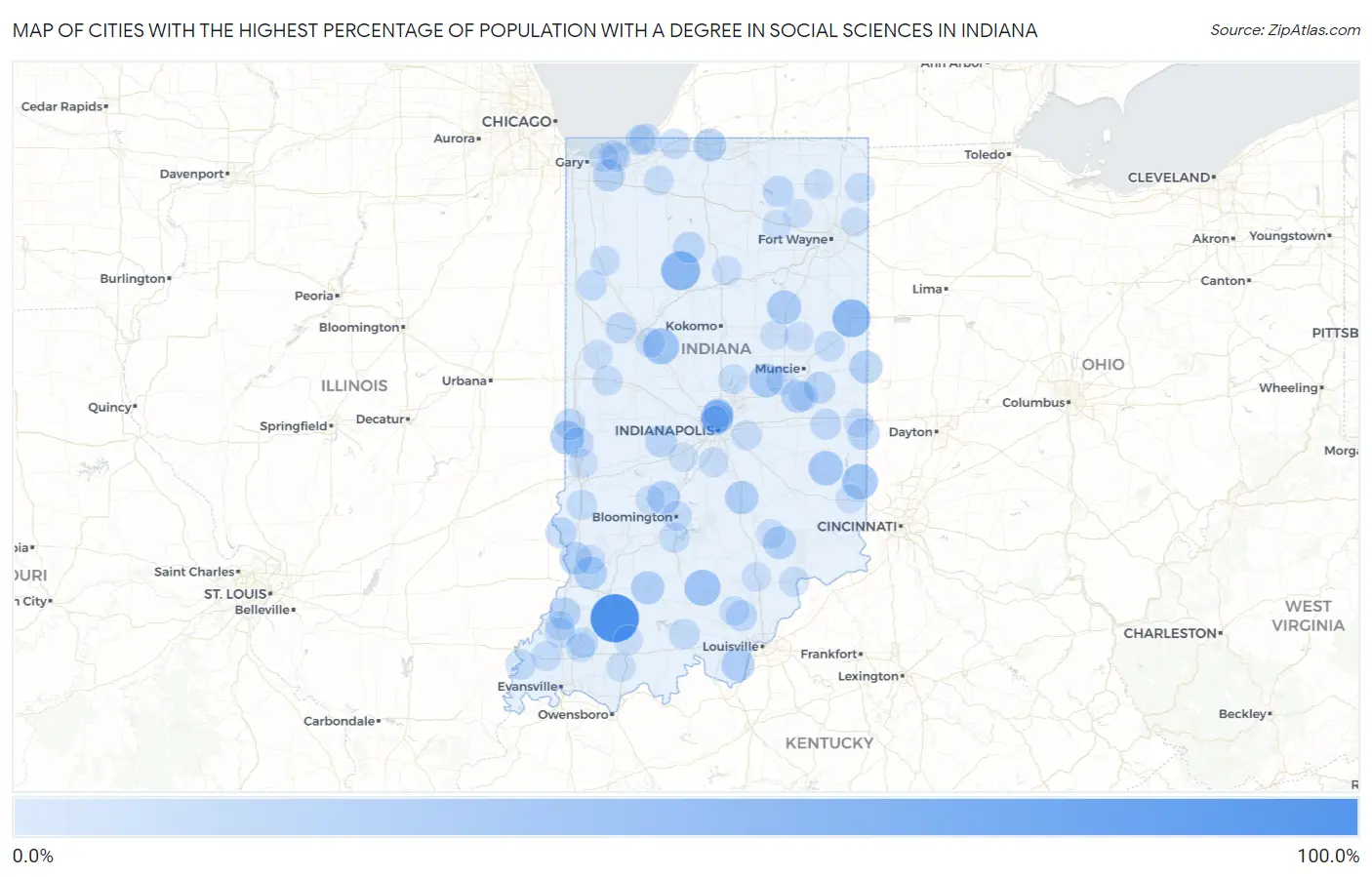 Cities with the Highest Percentage of Population with a Degree in Social Sciences in Indiana Map