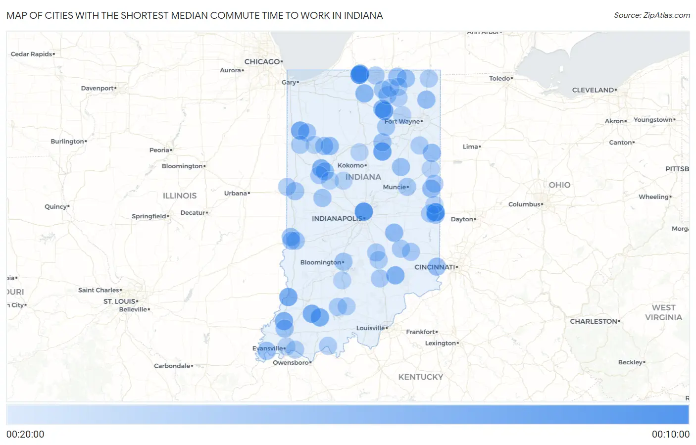 Cities with the Shortest Median Commute Time to Work in Indiana Map