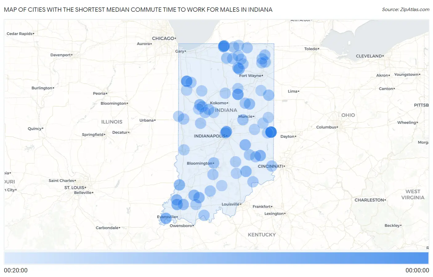 Cities with the Shortest Median Commute Time to Work for Males in Indiana Map