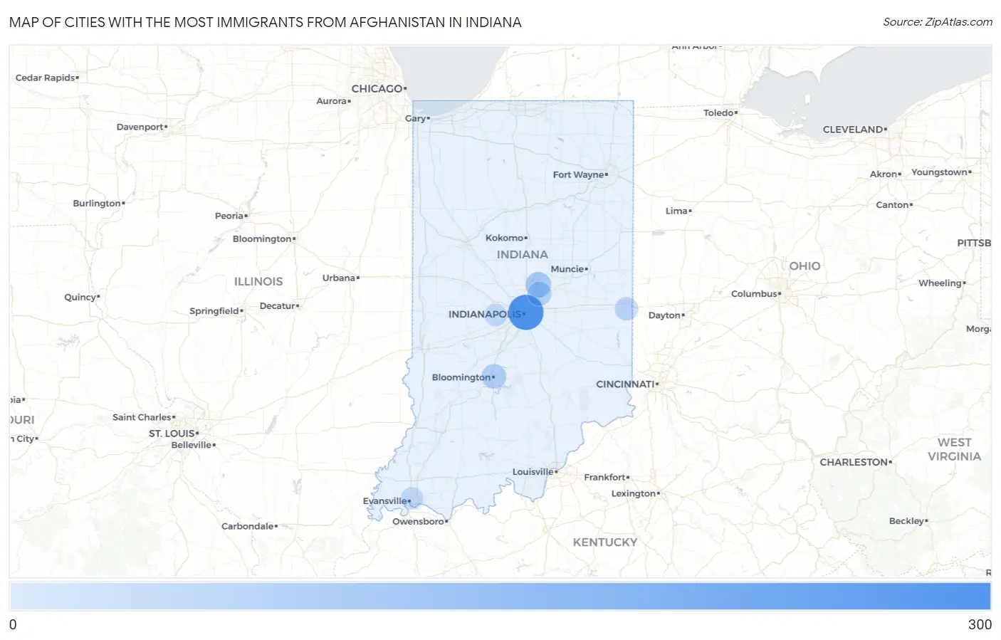 Cities with the Most Immigrants from Afghanistan in Indiana Map