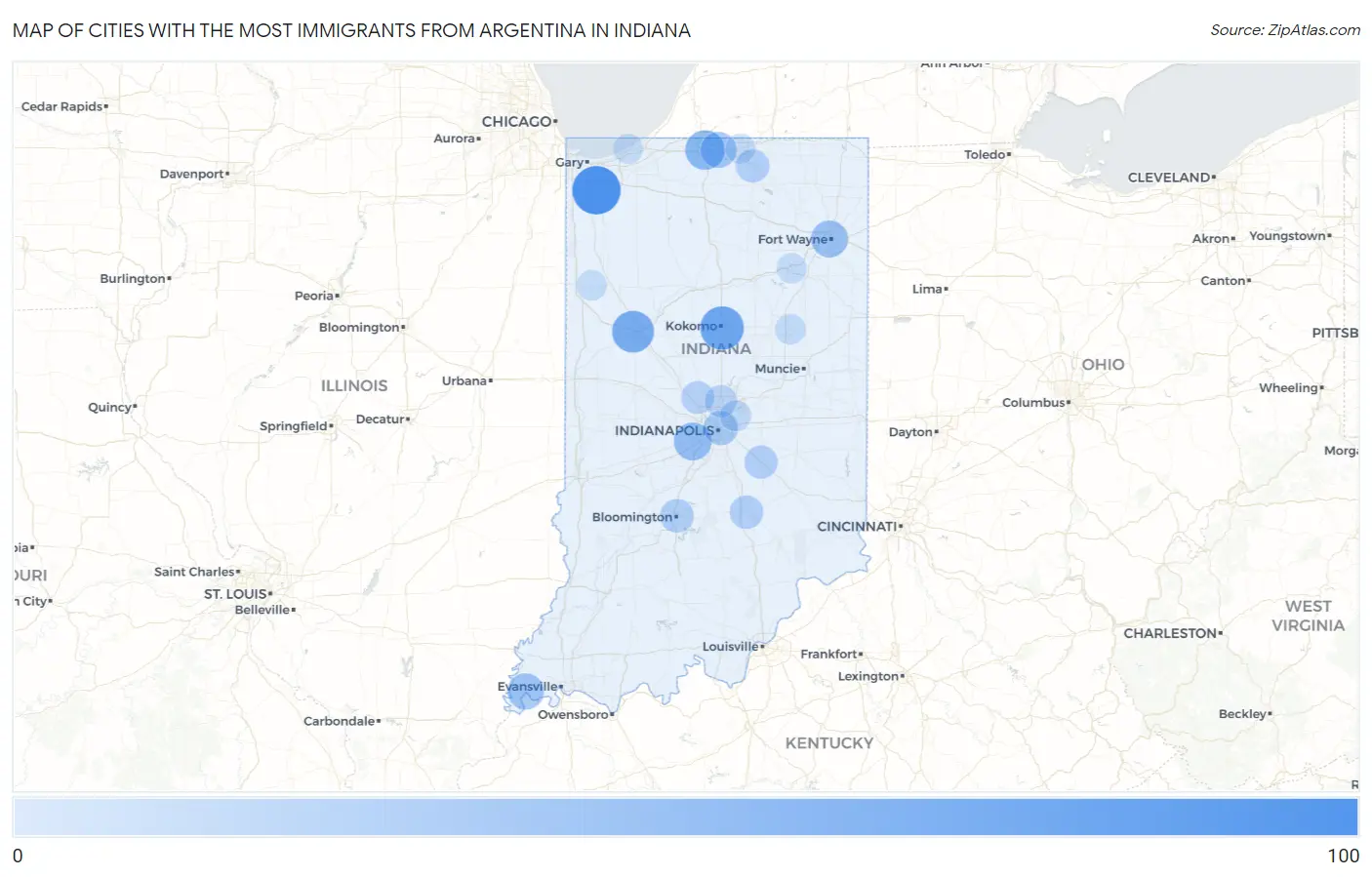 Cities with the Most Immigrants from Argentina in Indiana Map