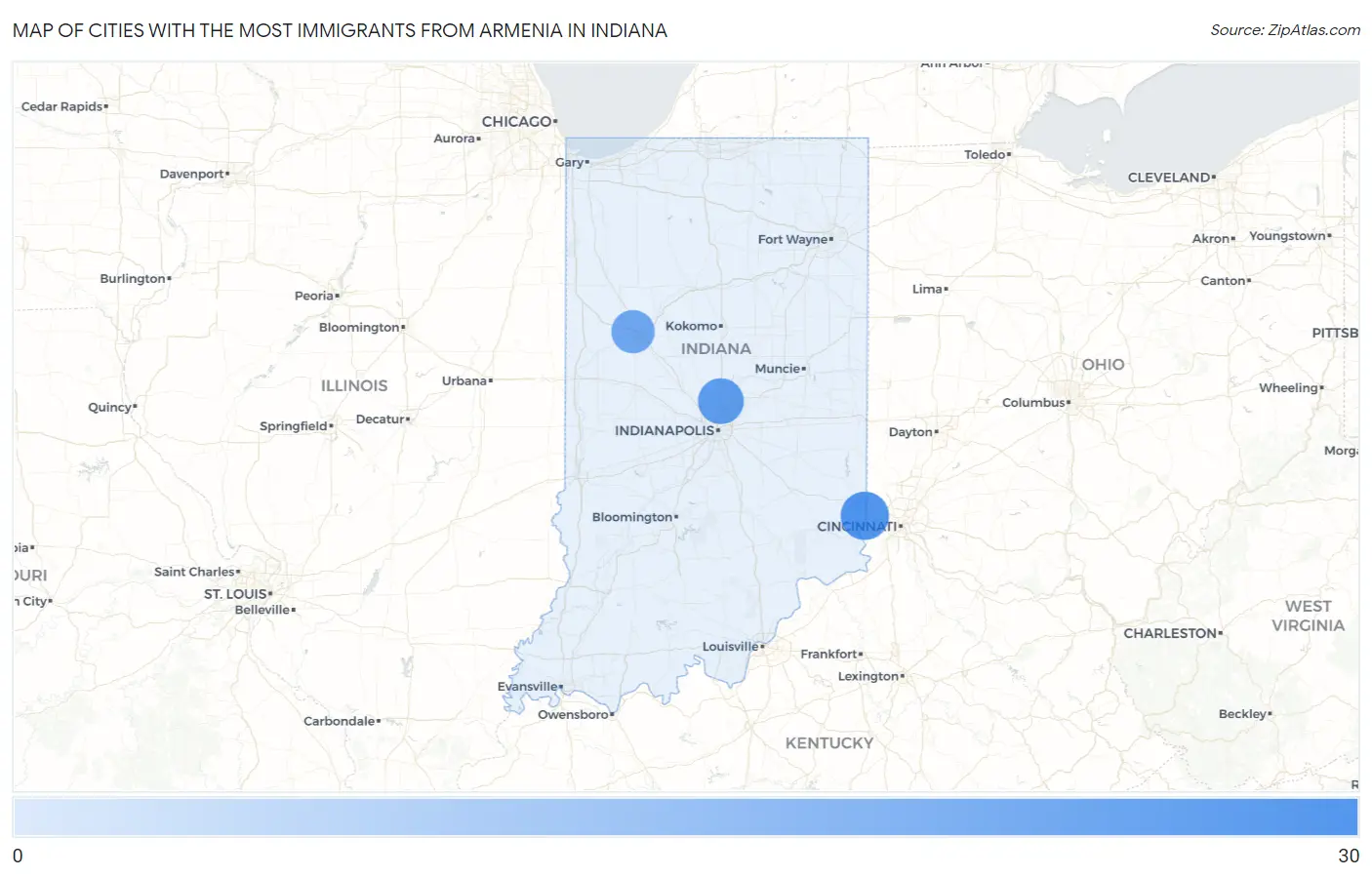 Cities with the Most Immigrants from Armenia in Indiana Map