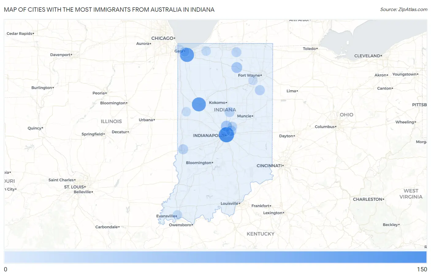 Cities with the Most Immigrants from Australia in Indiana Map