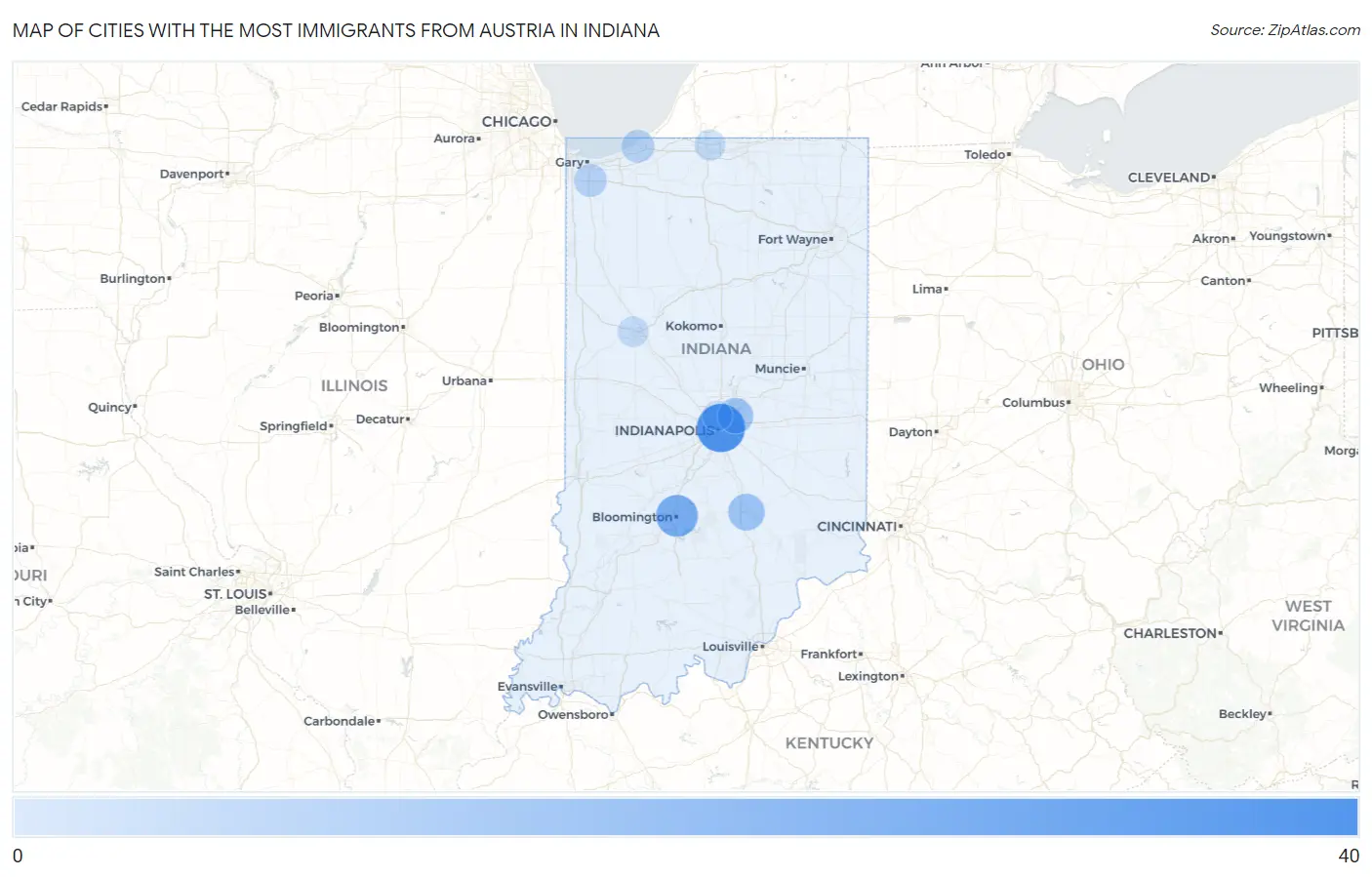 Cities with the Most Immigrants from Austria in Indiana Map