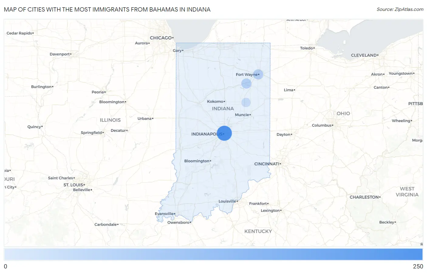 Cities with the Most Immigrants from Bahamas in Indiana Map