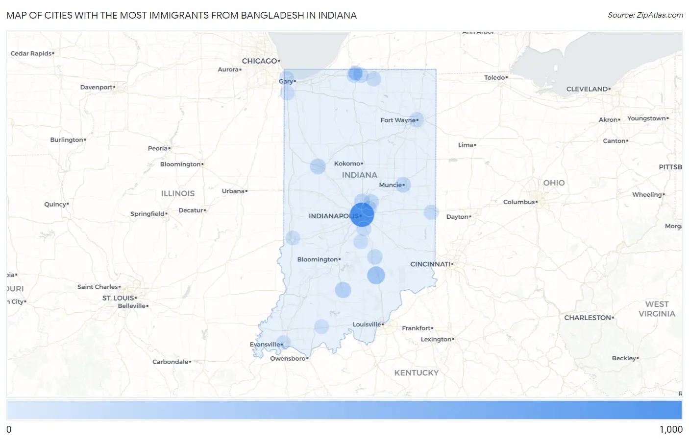 Cities with the Most Immigrants from Bangladesh in Indiana Map