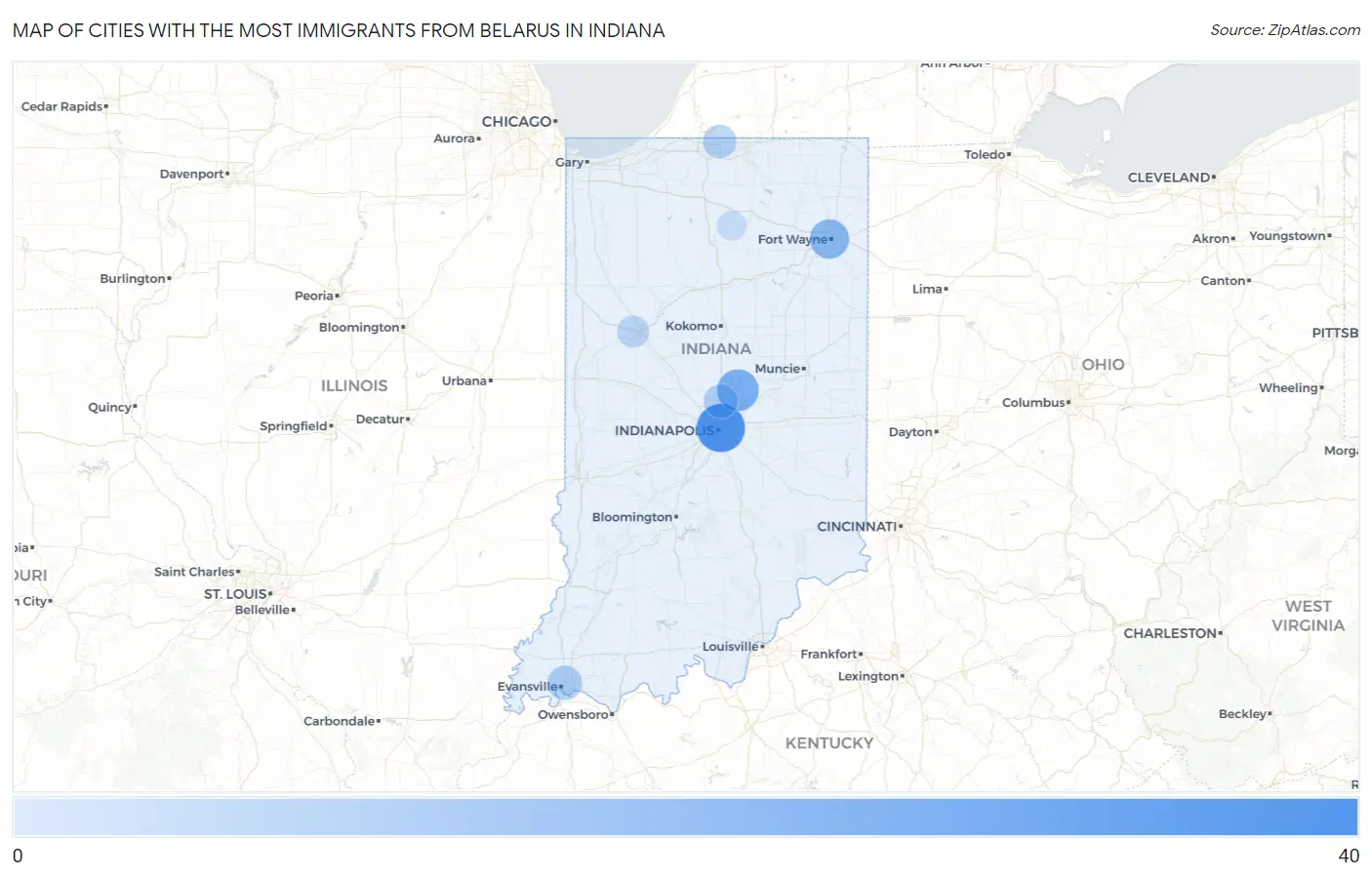 Cities with the Most Immigrants from Belarus in Indiana Map
