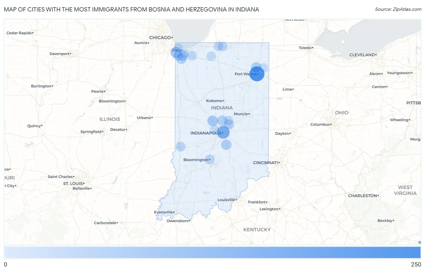 Cities with the Most Immigrants from Bosnia and Herzegovina in Indiana Map