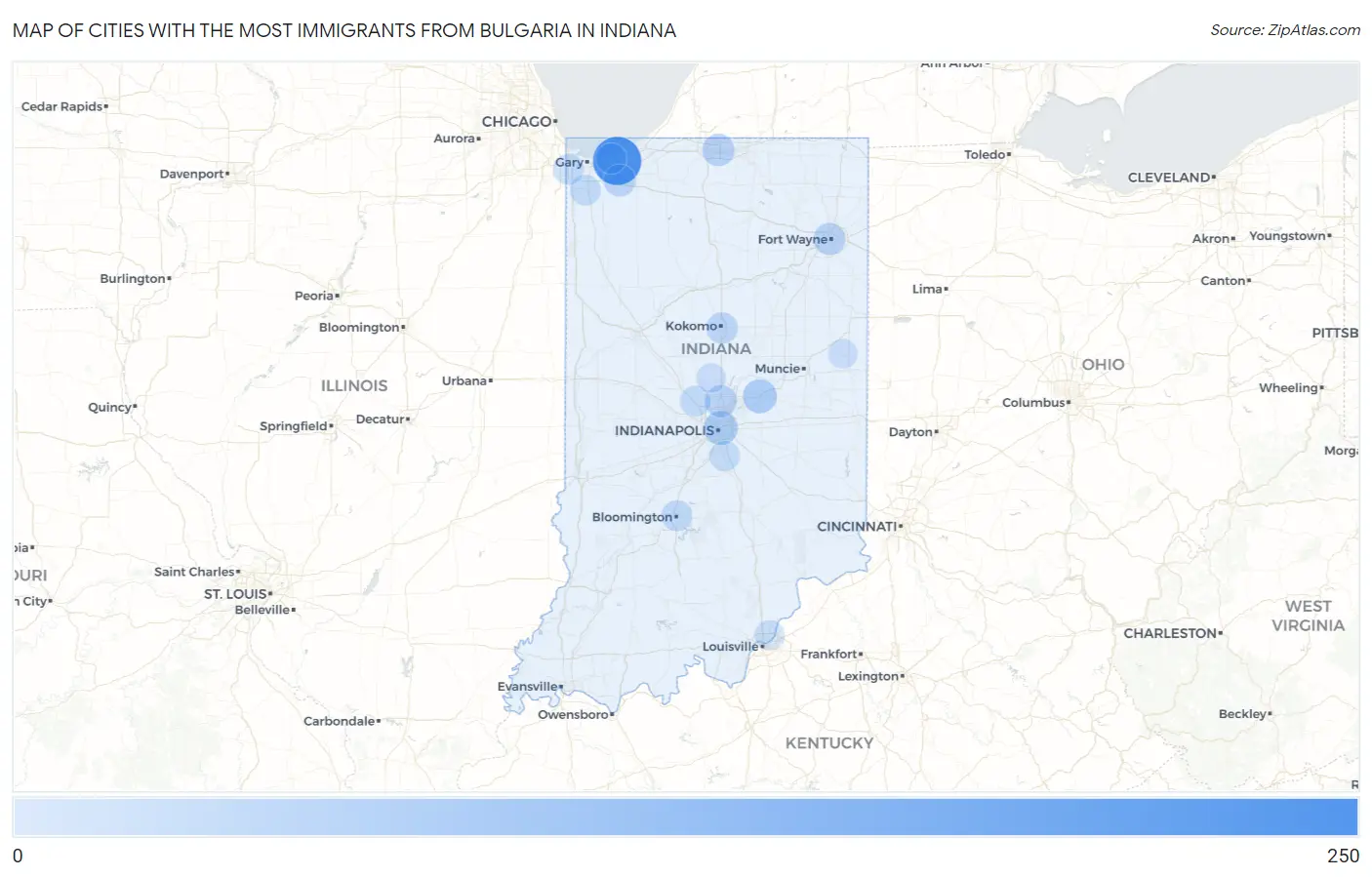 Cities with the Most Immigrants from Bulgaria in Indiana Map