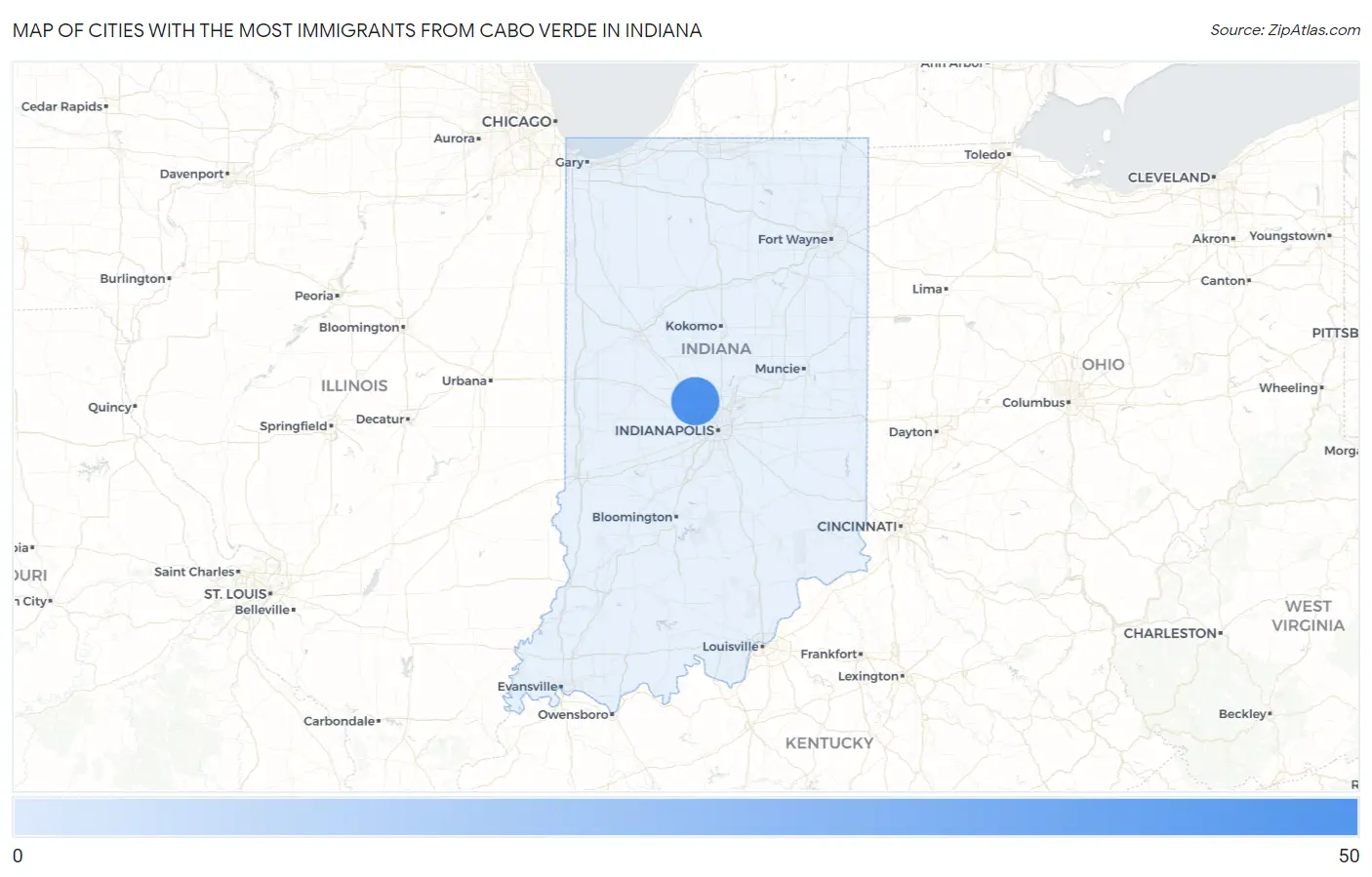 Cities with the Most Immigrants from Cabo Verde in Indiana Map
