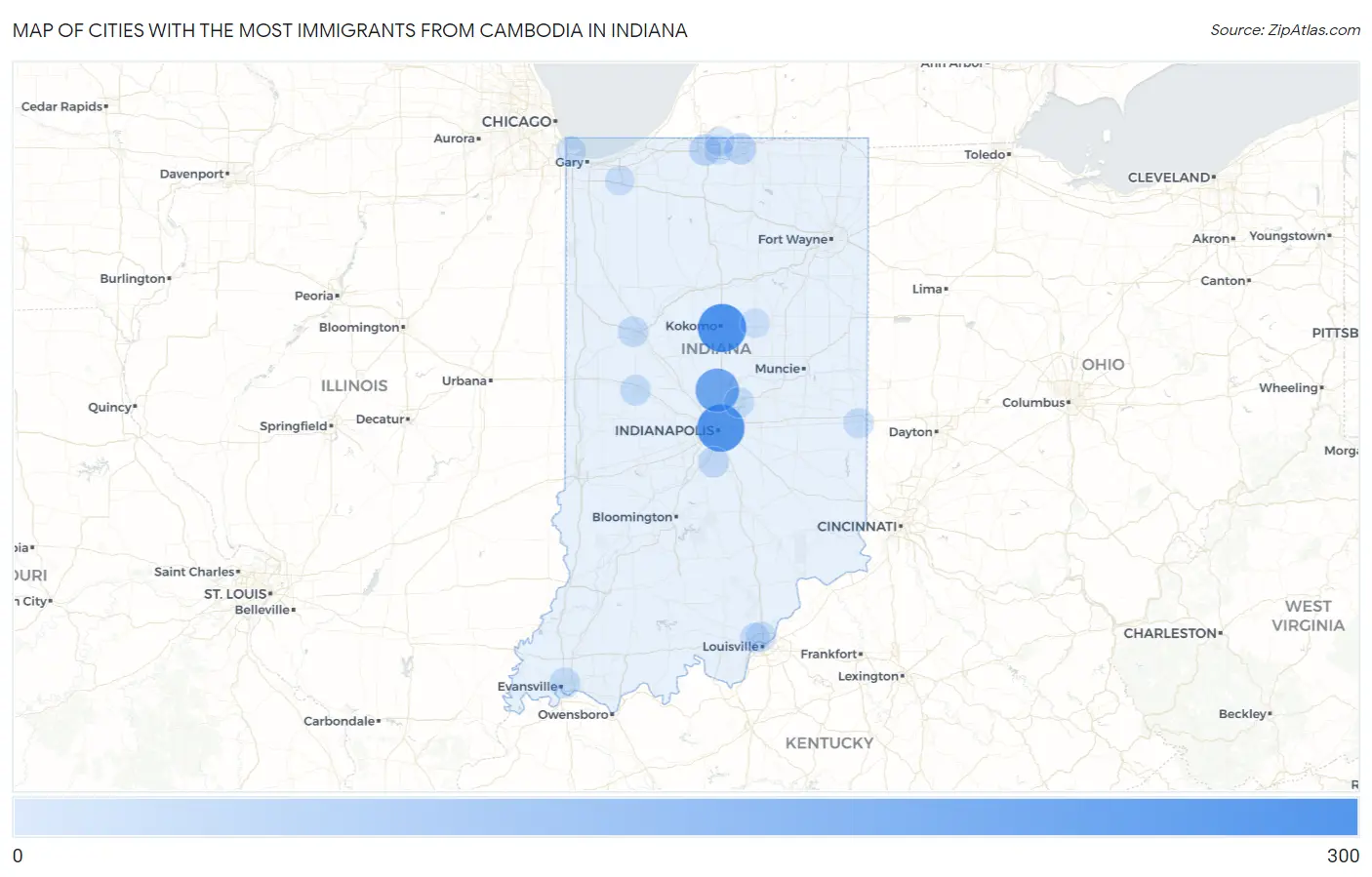 Cities with the Most Immigrants from Cambodia in Indiana Map