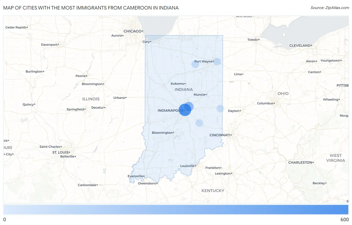 Cities with the Most Immigrants from Cameroon in Indiana Map