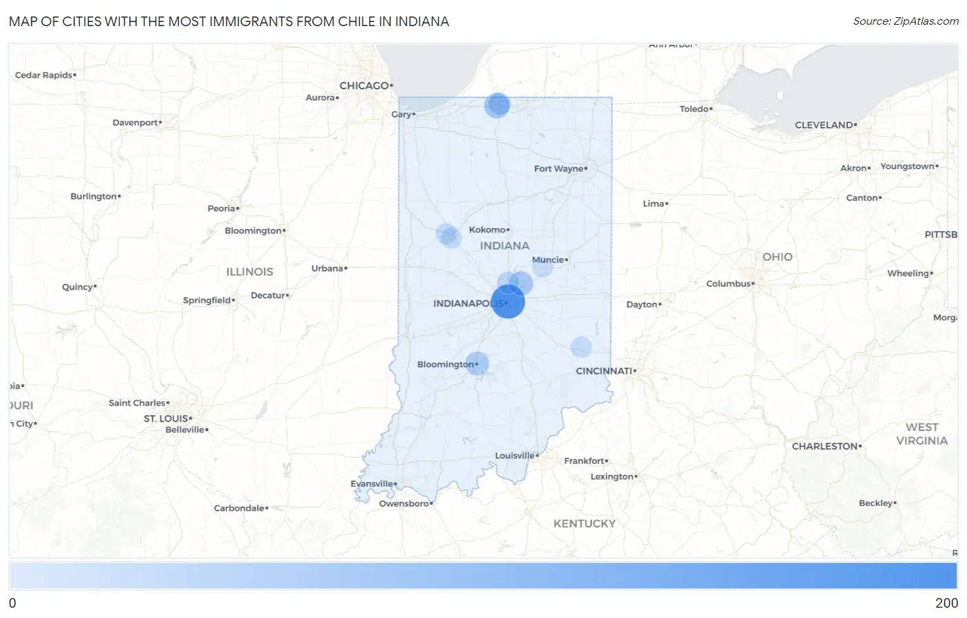 Cities with the Most Immigrants from Chile in Indiana Map