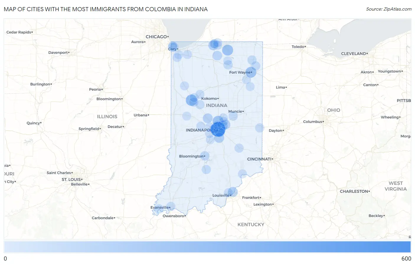 Cities with the Most Immigrants from Colombia in Indiana Map