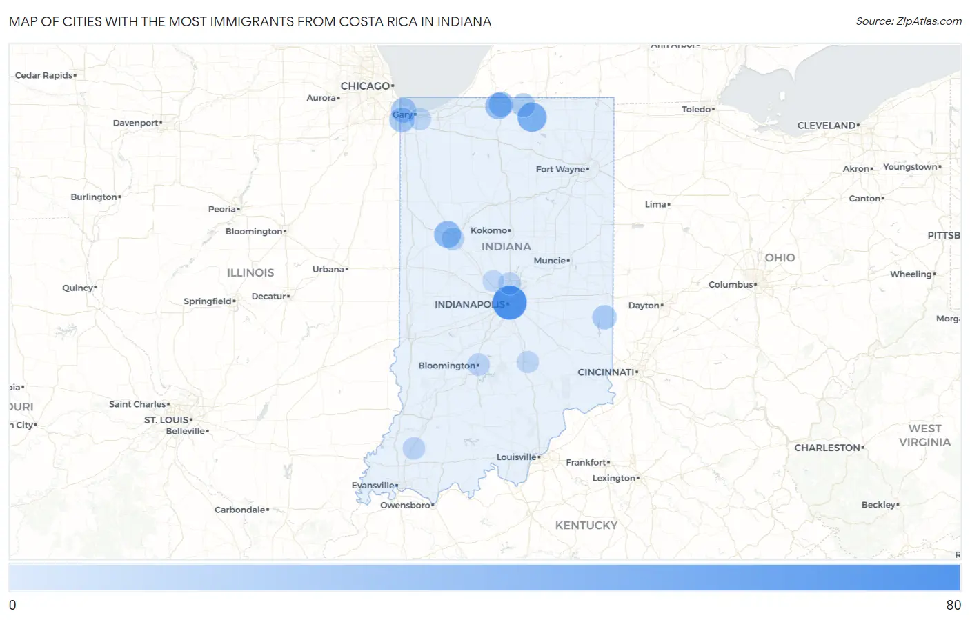 Cities with the Most Immigrants from Costa Rica in Indiana Map