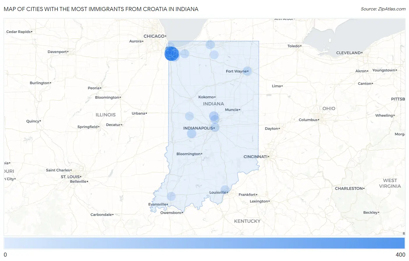 Cities with the Most Immigrants from Croatia in Indiana Map