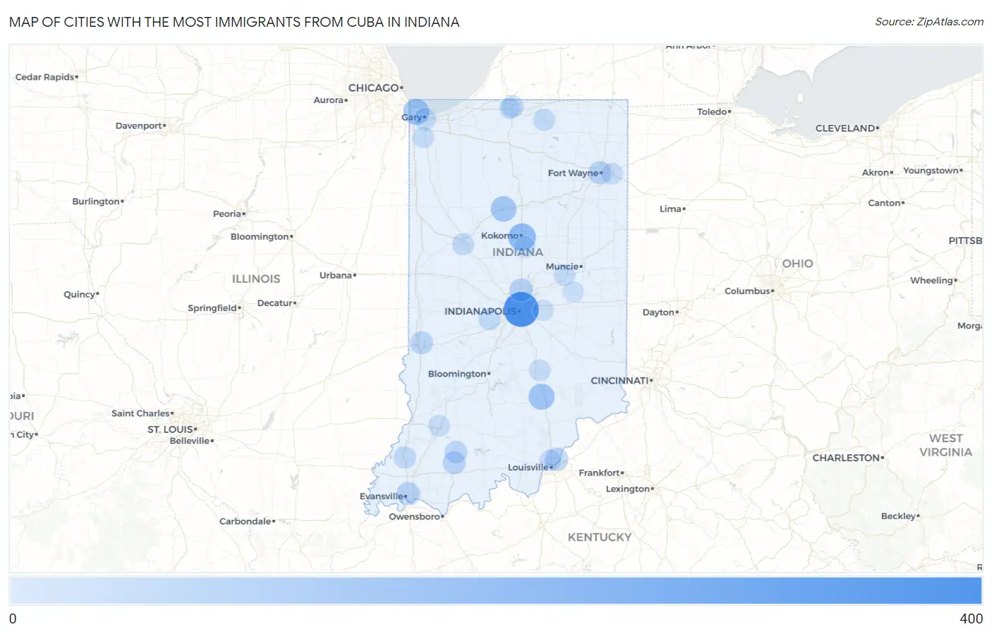 Cities with the Most Immigrants from Cuba in Indiana Map